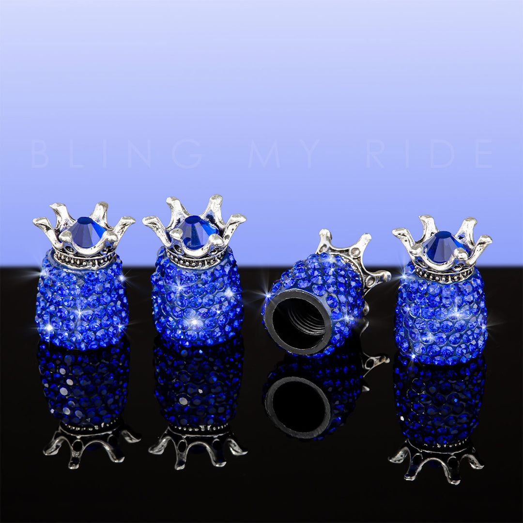 Bling My Ride blue car tyre air valve caps with bling crystals