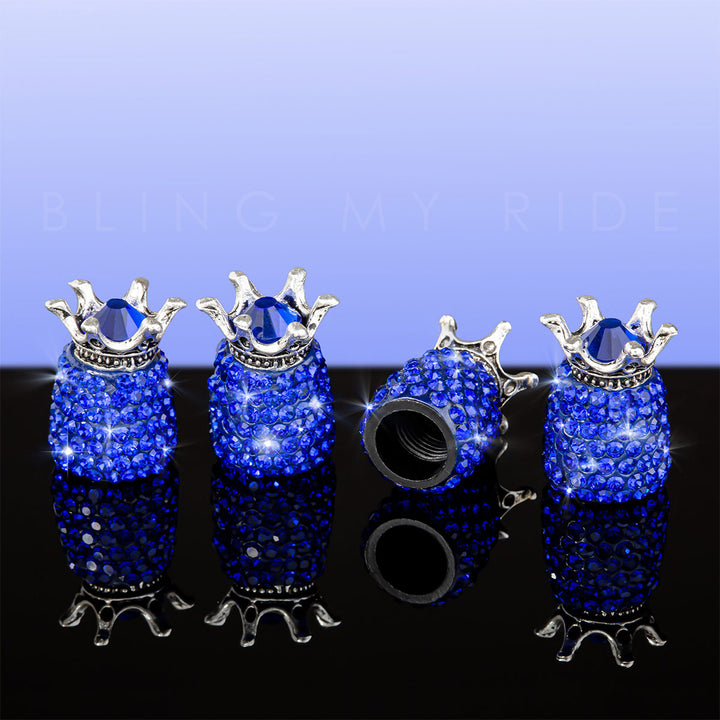 Bling My Ride blue car tyre air valve caps with bling crystals